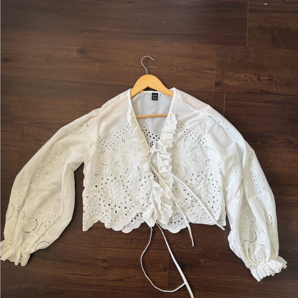 Eyelet Ruffle Tie-Front Crop Top - White